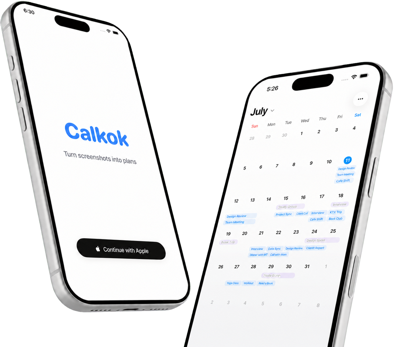 CalKok launch and calendar screens in English