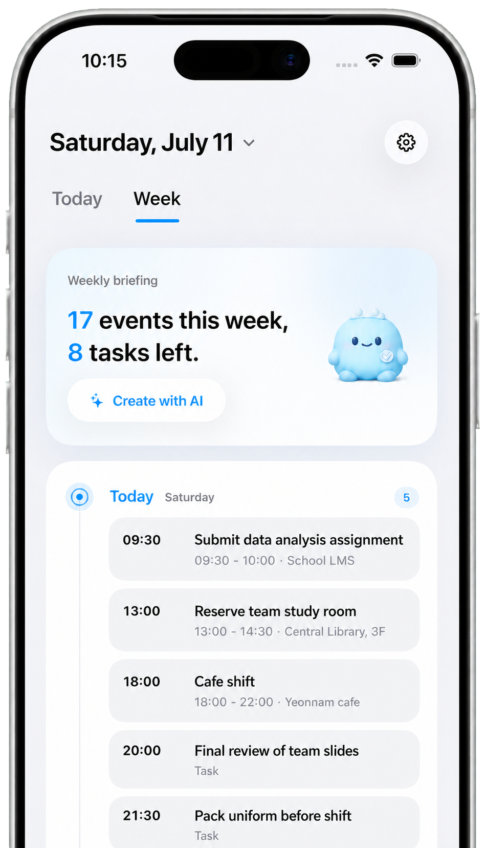 Weekly briefing with events and tasks in English